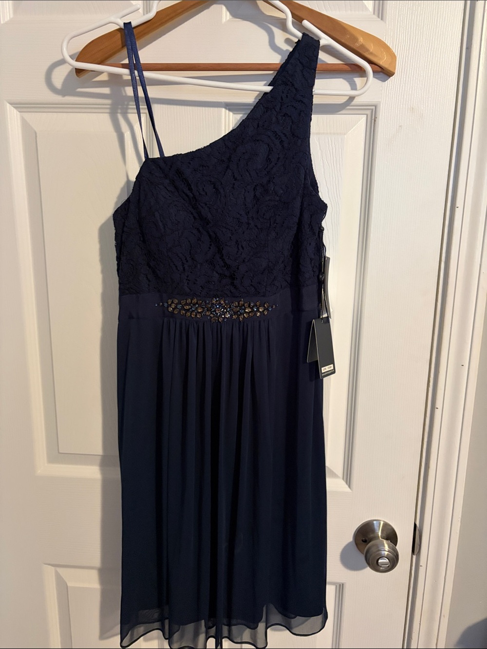 Adrianna Papell Navy One-Shoulder Lace & Chiffon Dress with Beaded Waist